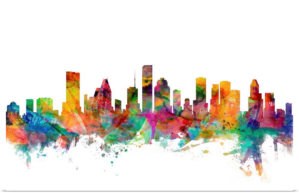 Watercolor artwork of the Houston skyline against a white background.