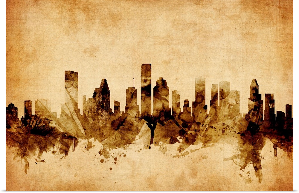 Contemporary artwork of the Houston city skyline in a vintage distressed look.