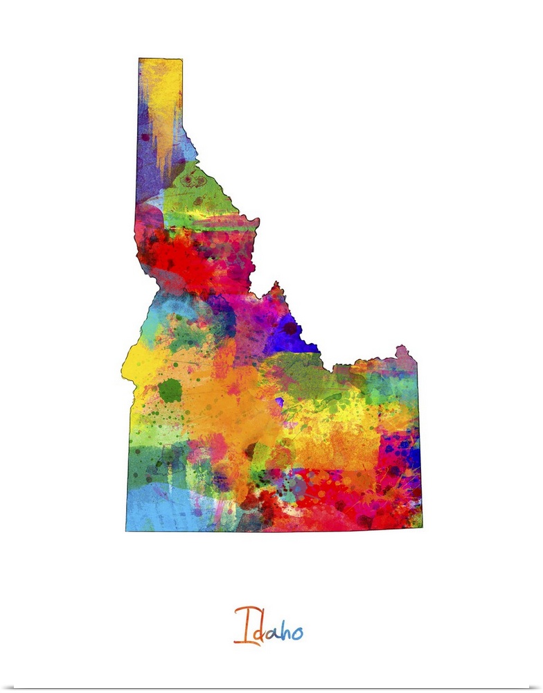 Contemporary artwork of a map of Idaho made of colorful paint splashes.