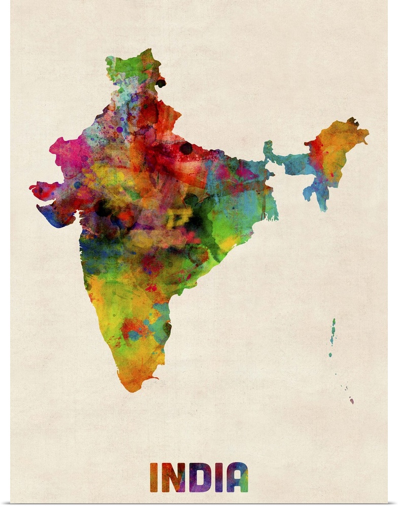 Contemporary piece of artwork of a map of India made up of watercolor splashes.