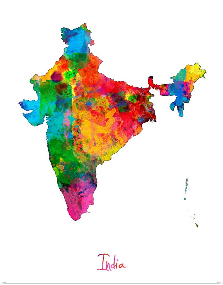 Watercolor art map of the country India against a white background.