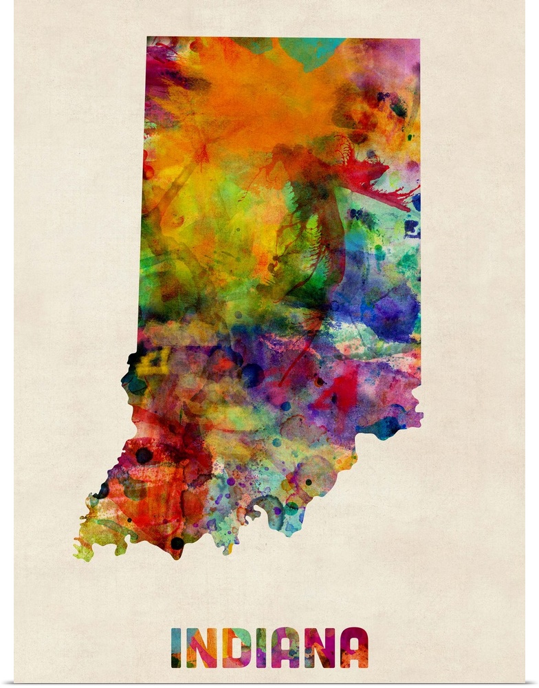 Contemporary piece of artwork of a map of Indiana made up of watercolor splashes.