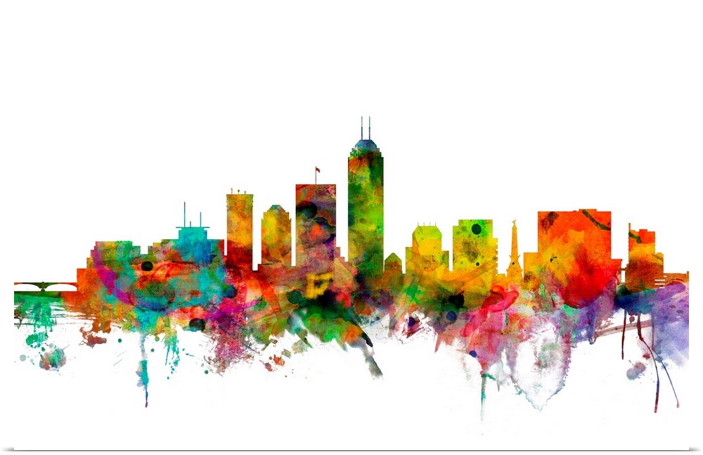 Watercolor artwork of the Indianapolis skyline against a white background.
