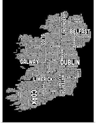 Irish Cities Text Map, Black and White