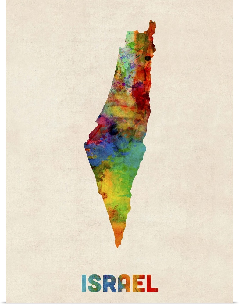 Contemporary piece of artwork of a map of Israel made up of watercolor splashes.