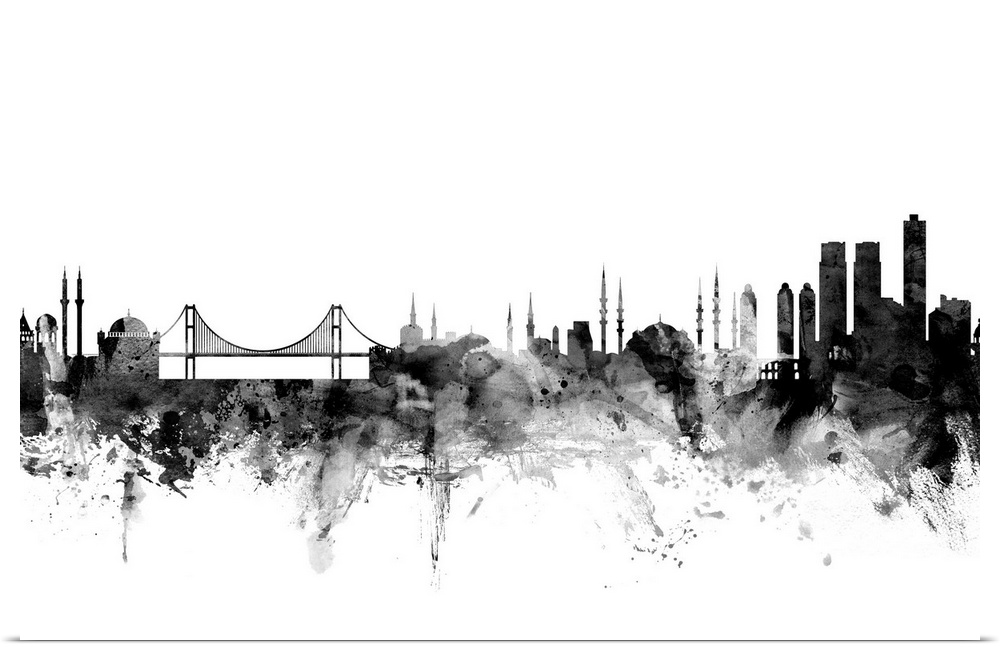 Contemporary artwork of the Istanbul city skyline in black watercolor paint splashes.