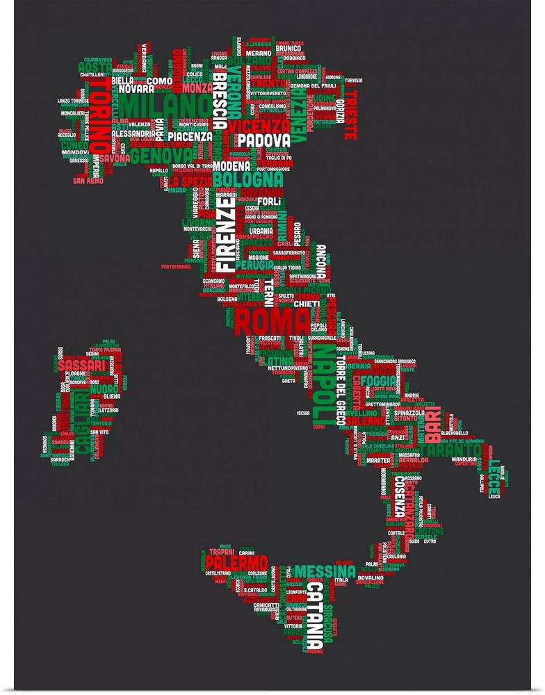 Italian Cities Text Map, Italian Colors on Grey