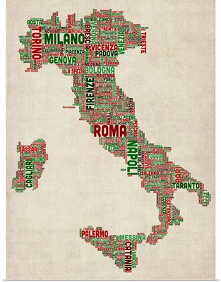 Italian Cities Text Map, Italian Colors on Parchment