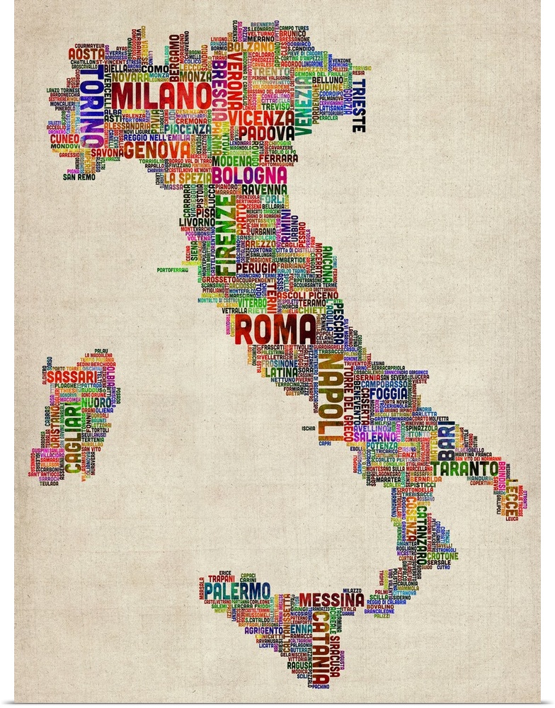 Typography art depicting the country of Italy composed completely out of the names of cities in a wide range of colors.