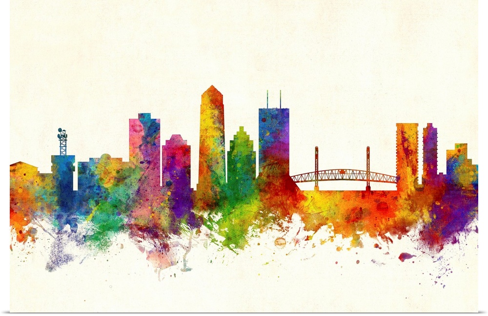 Watercolor art print of the skyline of Jacksonville, Florida, United States