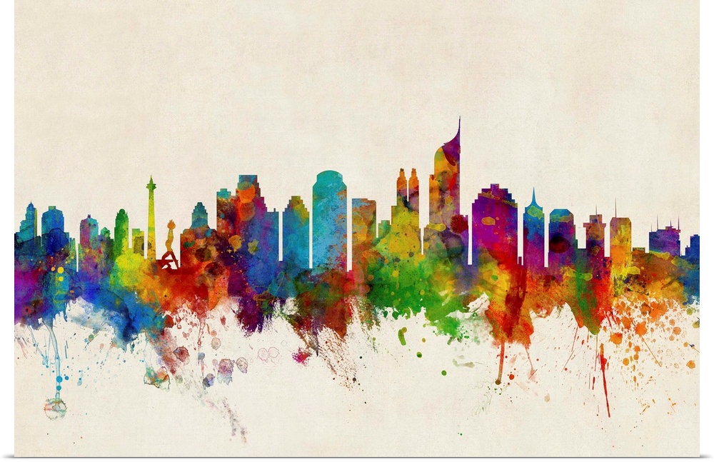 Watercolor art print of the skyline of Jakarta, Indonesia