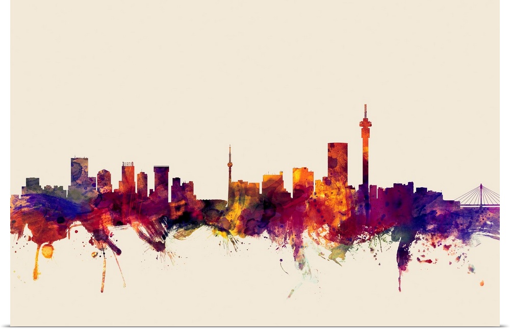 Contemporary artwork of the Johannesburg city skyline in watercolor paint splashes.