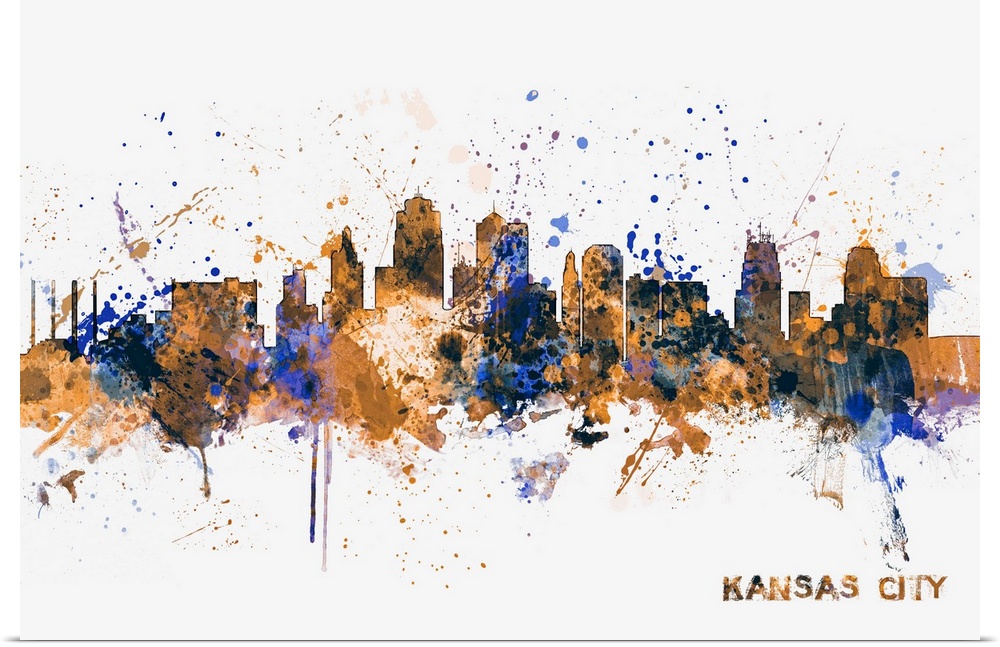 Contemporary piece of artwork of the Kansas City skyline made of colorful paint splashes.