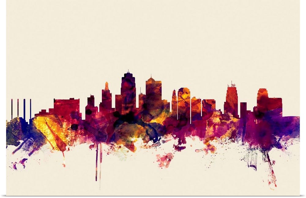 Contemporary artwork of the Kansas City skyline in watercolor paint splashes.