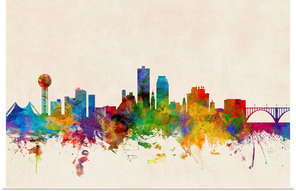 A splattered and splashed watercolor silhouette of the Knoxville city skyline against a distressed background.
