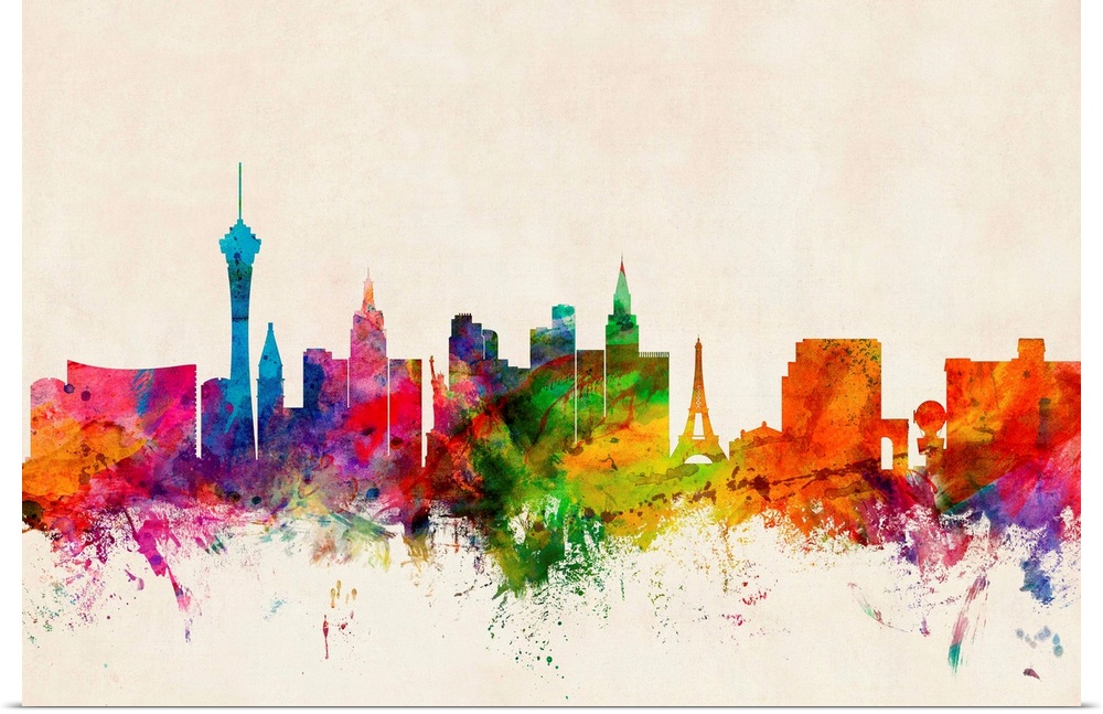 Contemporary piece of artwork of the Las Vegas skyline made of colorful paint splashes.