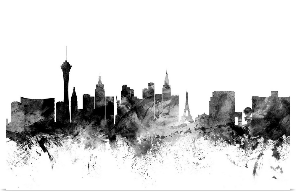 Contemporary artwork of the Las Vegas city skyline in black watercolor paint splashes.
