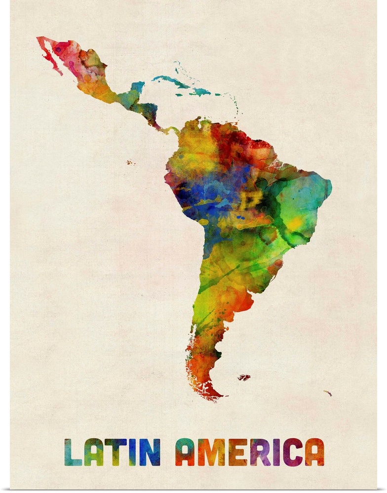 A watercolor map of Central and South America
