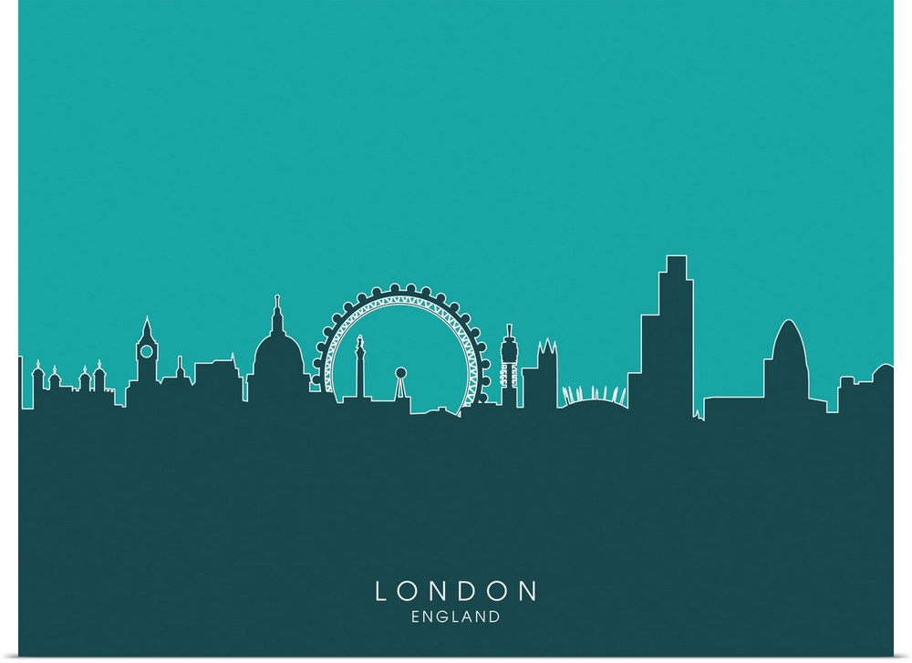 Contemporary artwork of the London skyline silhouetted in teal.