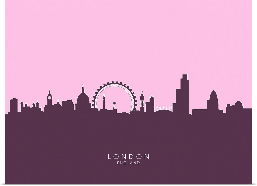 Contemporary artwork of the London skyline silhouetted in purple.