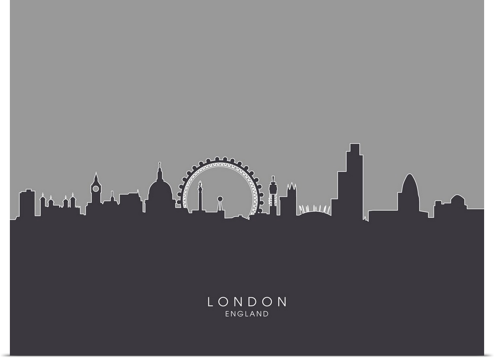 Contemporary artwork of the London skyline silhouetted in dark gray.