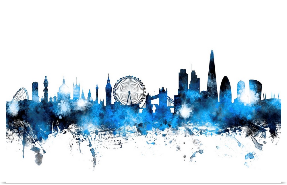 Contemporary piece of artwork of the London skyline made of colorful paint splashes.