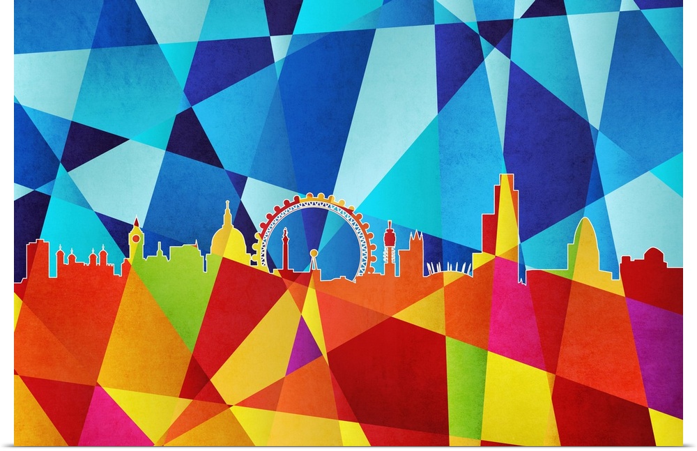 Contemporary artwork of a geometric and prismatic skyline of London.