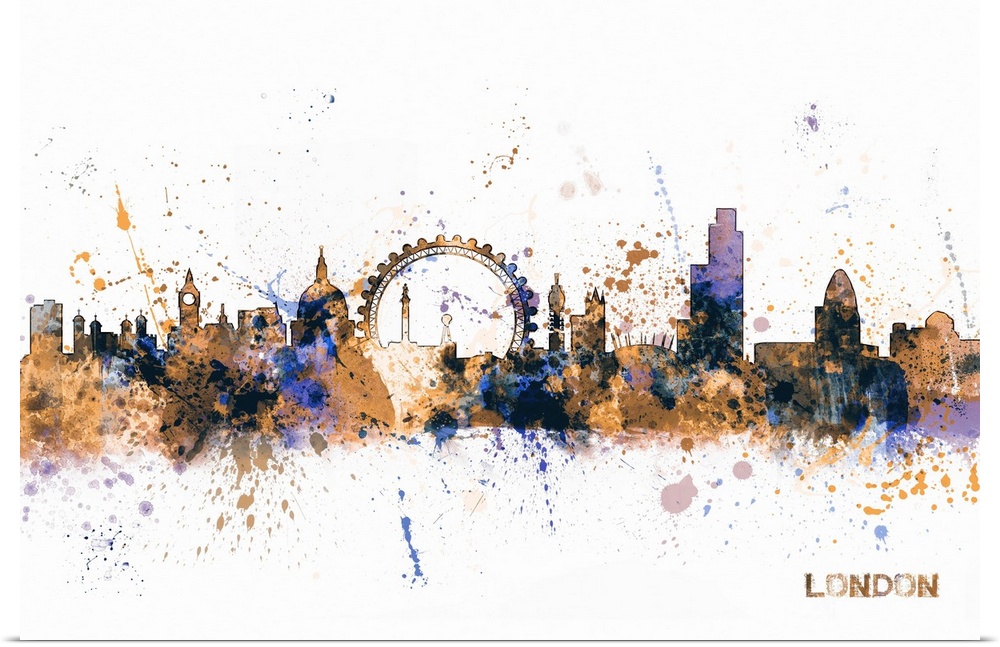 Contemporary piece of artwork of the London skyline made of colorful paint splashes.