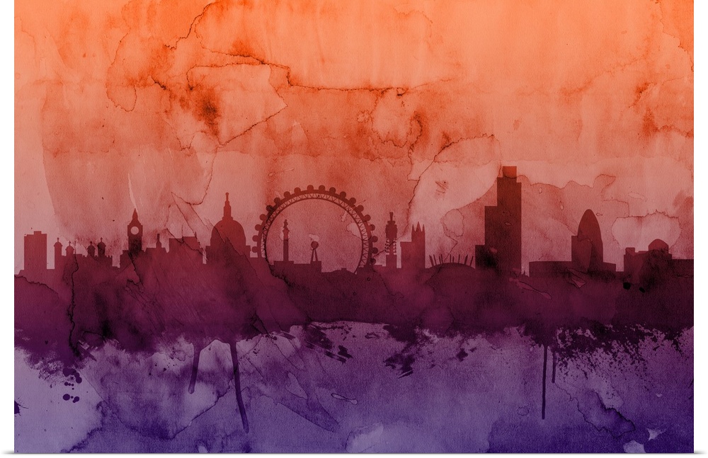Contemporary artwork of the London skyline silhouetted in dark orange and purple watercolors.