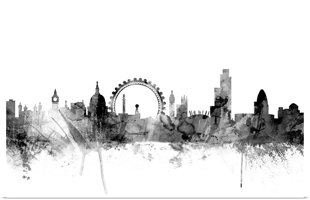 Contemporary artwork of the London city skyline in black watercolor paint splashes.