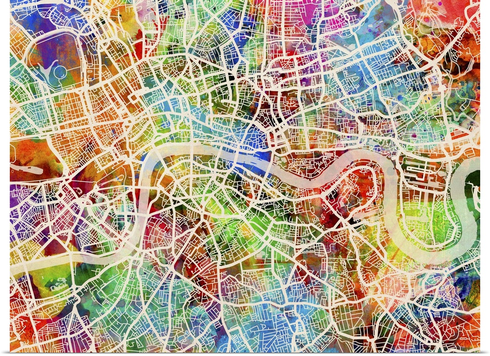 Watercolor art map of London city streets.