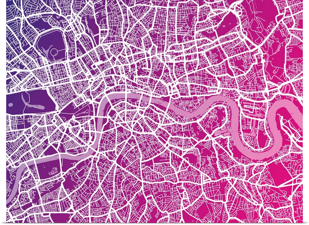 Contemporary artwork of a map of the city streets of London in bright purple and pink.