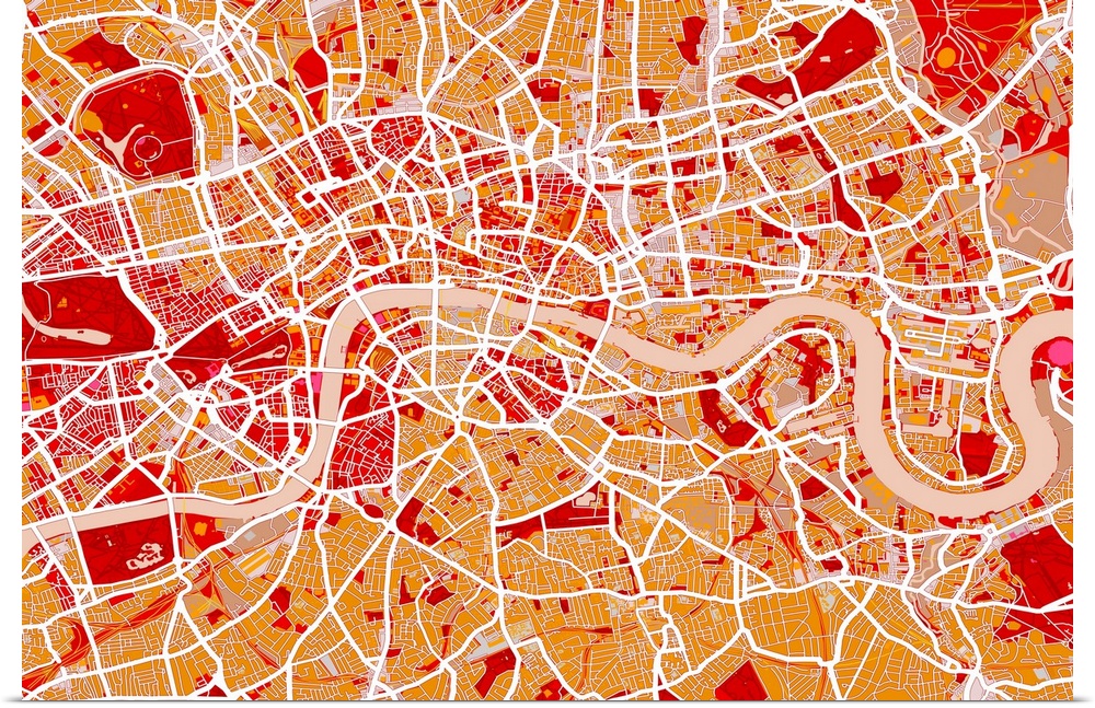 Central London, England, street map in hot colors. Devoid of any text, the roads, parks, buildings and landmarks create a ...