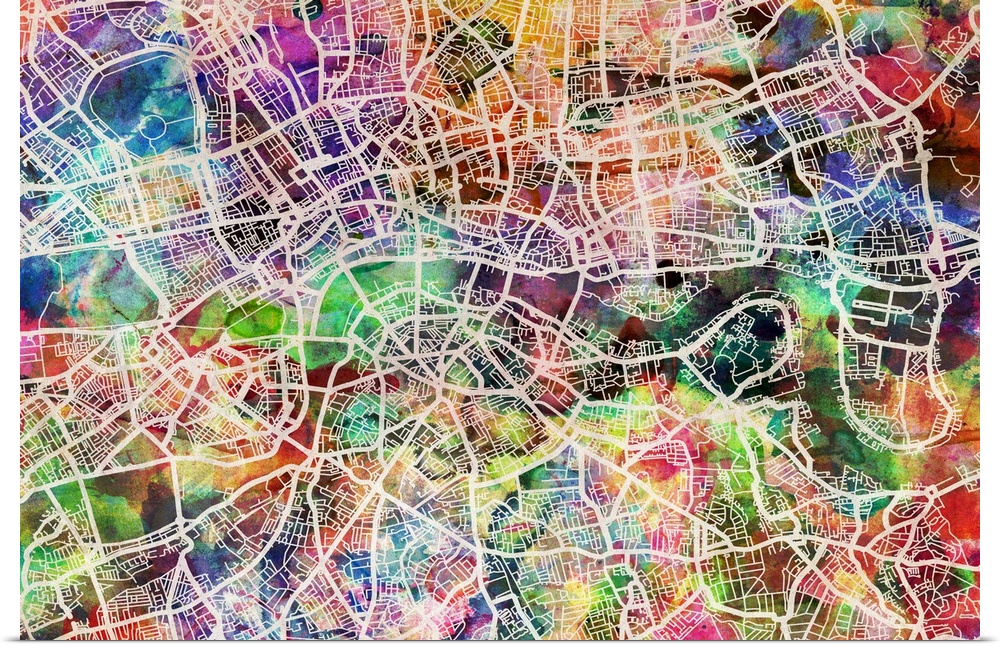 Central London, England, UK, street map on a watercolor background. The map of london shows the network of roads, streets ...