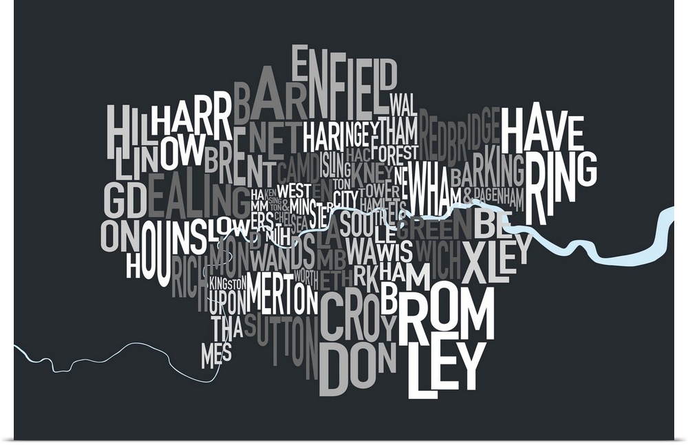 A typographic map of the Boroughs of London, United Kingdom, in shades of grey on a charcoal grey background, with the Riv...