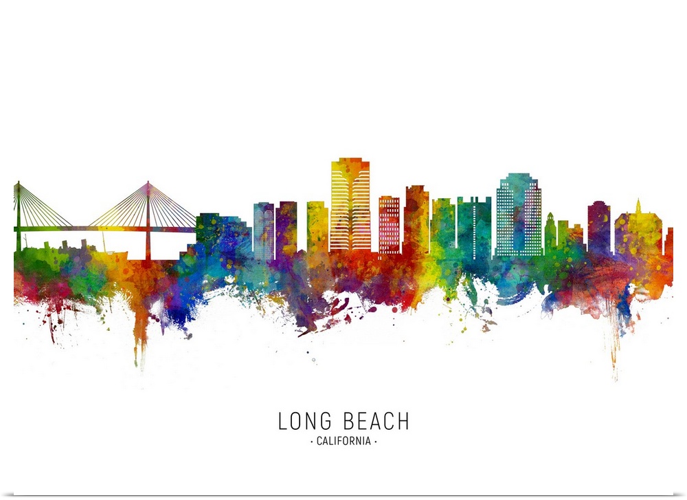 Watercolor art print of the skyline of Long Beach, California