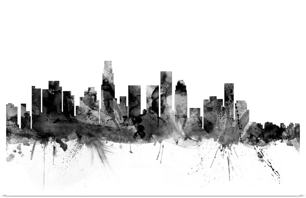 Contemporary artwork of the Los Angeles city skyline in black watercolor paint splashes.