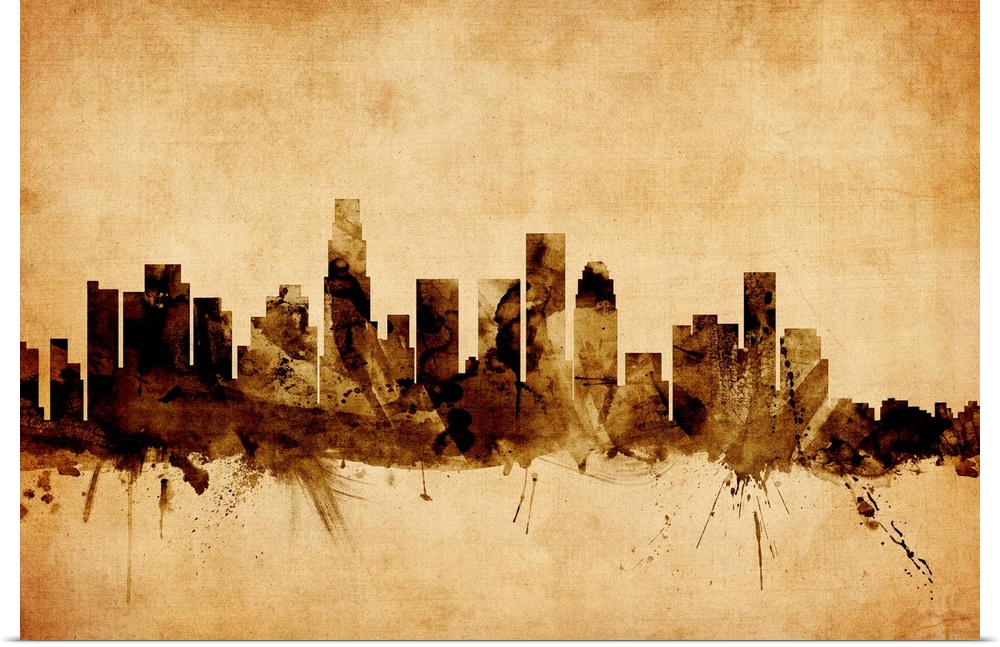 Contemporary artwork of the Los Angeles city skyline in a vintage distressed look.