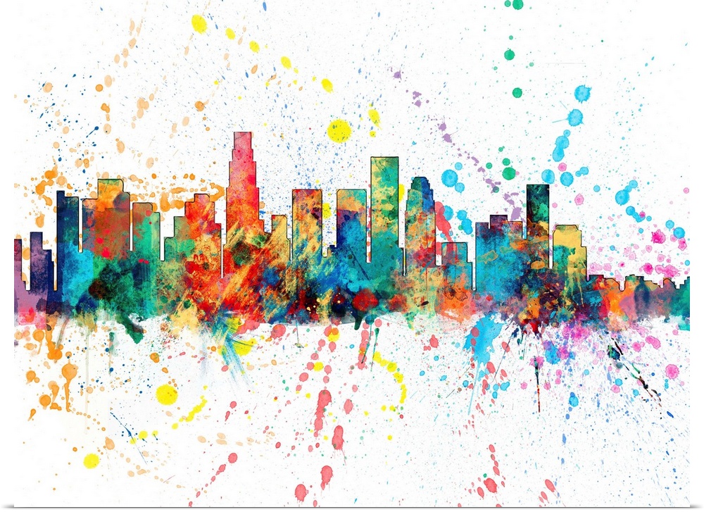 Wild and vibrant paint splatter silhouette of the Los Angeles skyline.