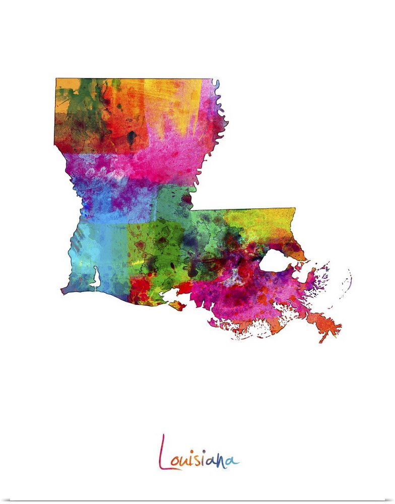 Contemporary artwork of a map of Louisiana made of colorful paint splashes.