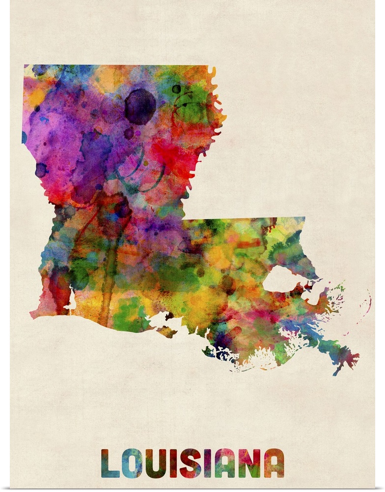 Contemporary piece of artwork of a map of Louisiana made up of watercolor splashes.