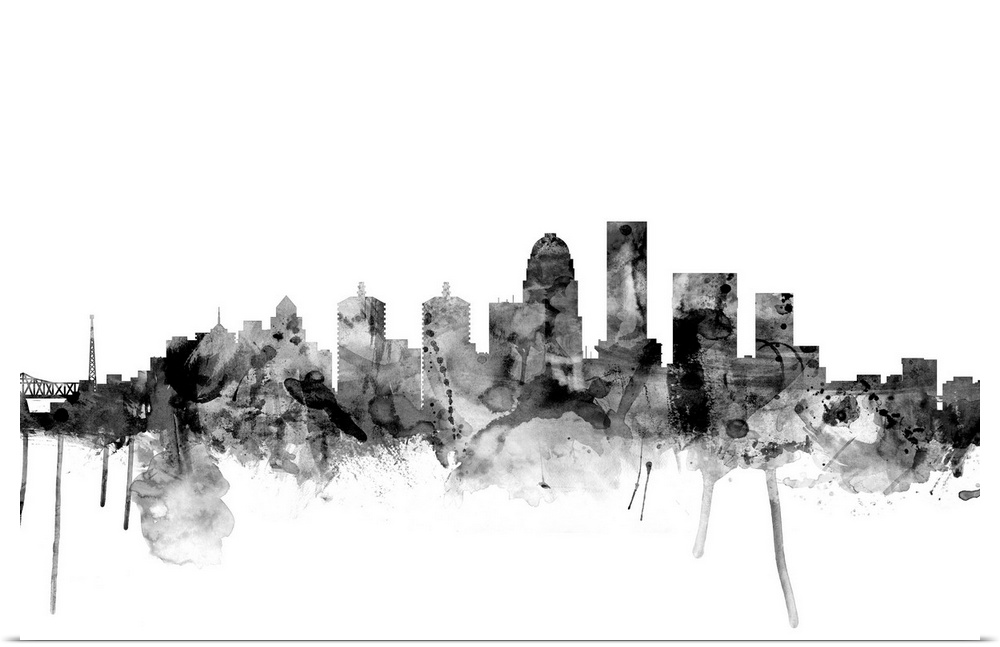 Smokey dark watercolor silhouette of the Louisville city skyline.