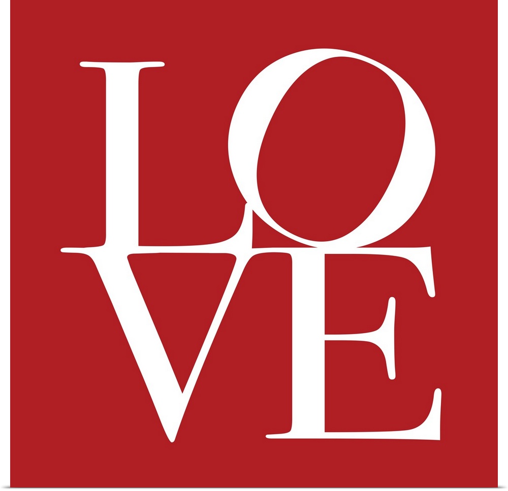 Square art on a large canvas of the word "LOVE" with a tilted "O",  written against a solid red background.