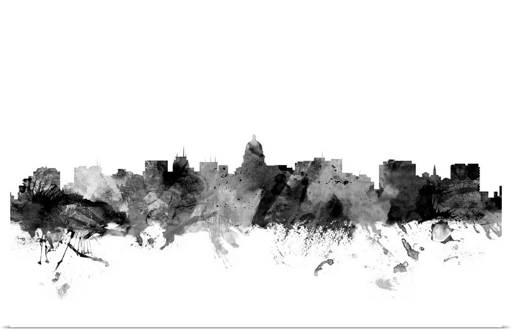 Contemporary artwork of the Madison city skyline in black watercolor paint splashes.