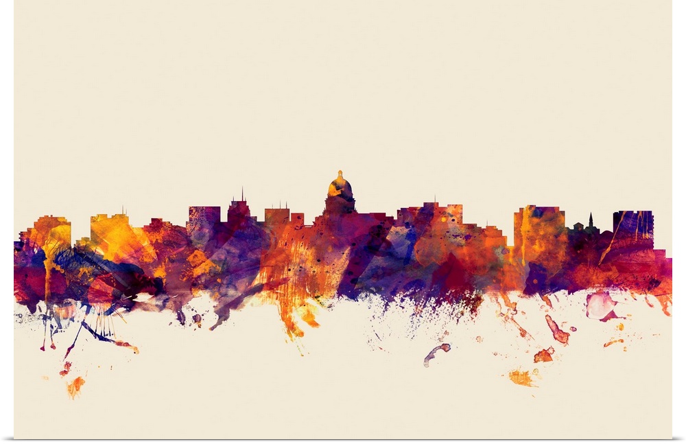 Contemporary artwork of the Madison city skyline in watercolor paint splashes.