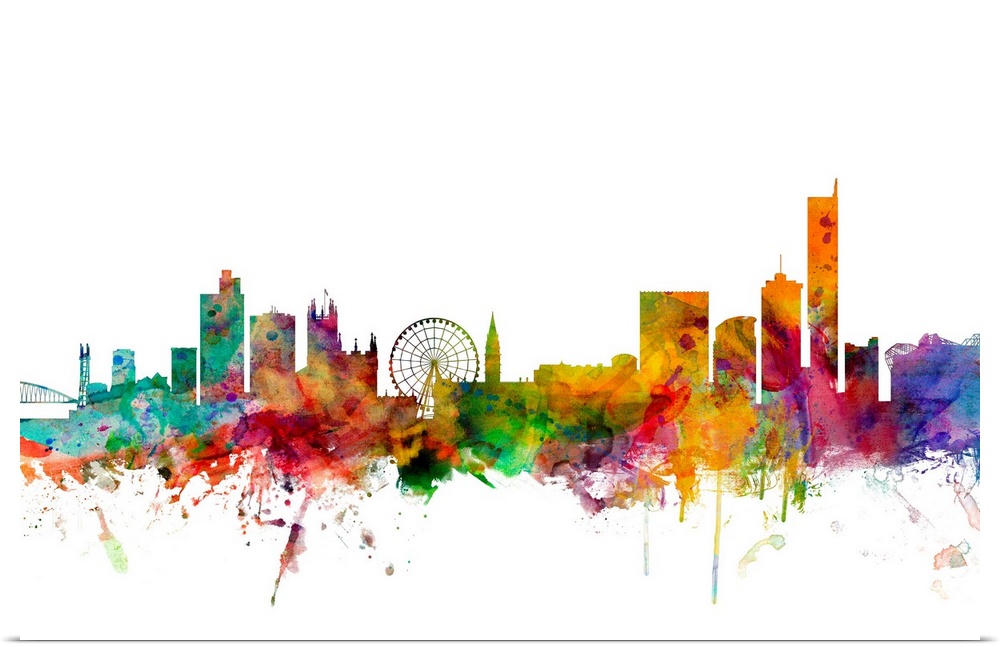 Contemporary piece of artwork of the Manchester skyline made of colorful paint splashes.