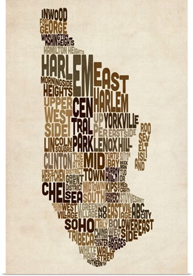Manhattan New York Typography Text Map, Earth Tones