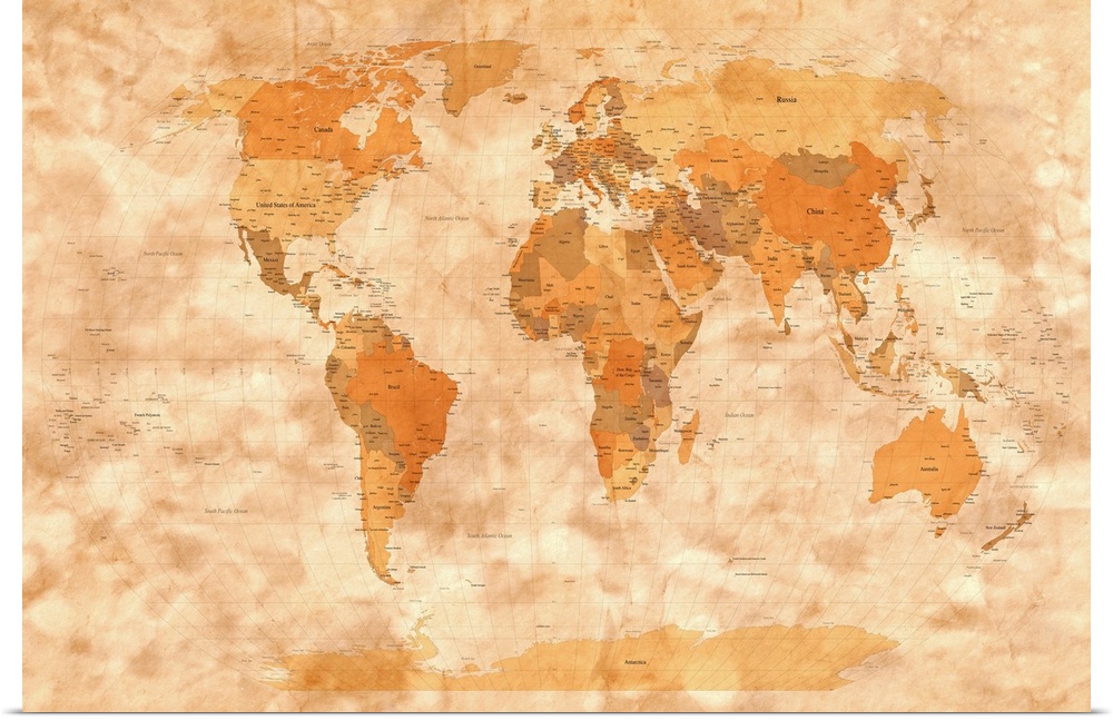 This decorative horizontal wall art is a scale and accurate political map of the world with and heavy antique textures app...