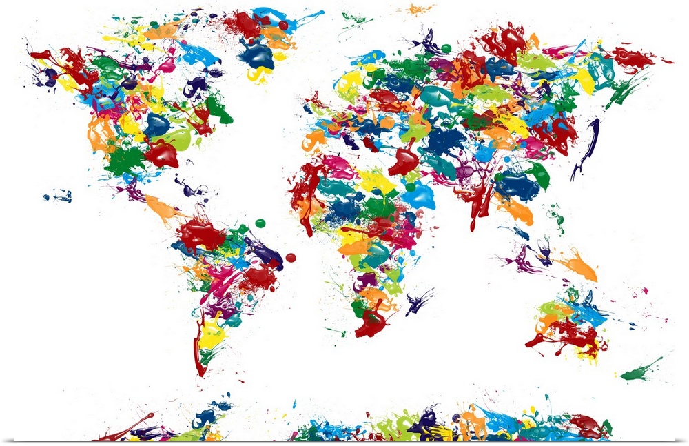 This wall art for the home, nursery, or class room shows the seven continents of the world created with dribbles of paint ...