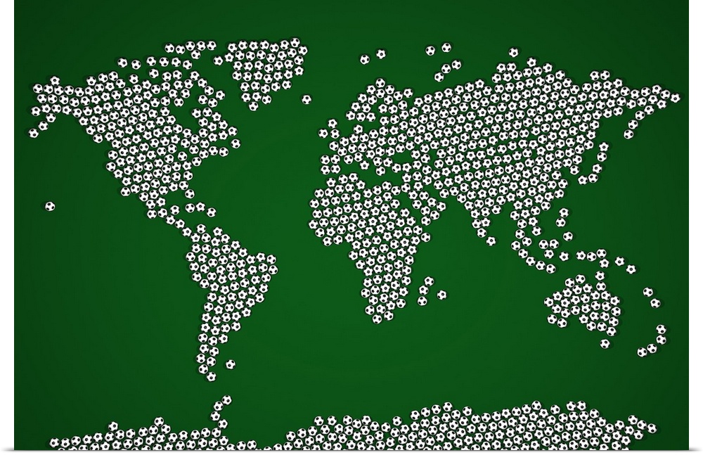 Landscape, horizontal, large wall hanging of the world map with all countries made up of soccer balls, on a solid green ba...